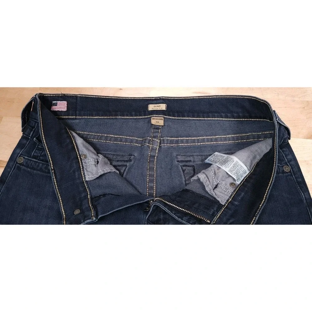True Religion Geno W Flaps Relaxed Slim Jeans Mens 36x34 Dark Wash Stretch Denim